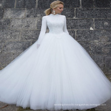 Lace Appliques Princess High Neck Long Sleeve Arab Muslim Wedding Dress Bridal Gown